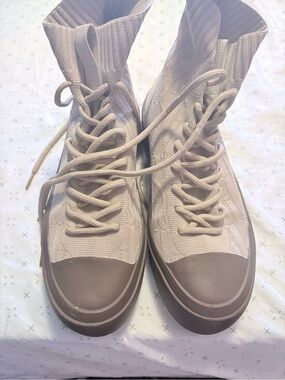 Neutral Knit High-Top Lace-Up Sneakers - Beige